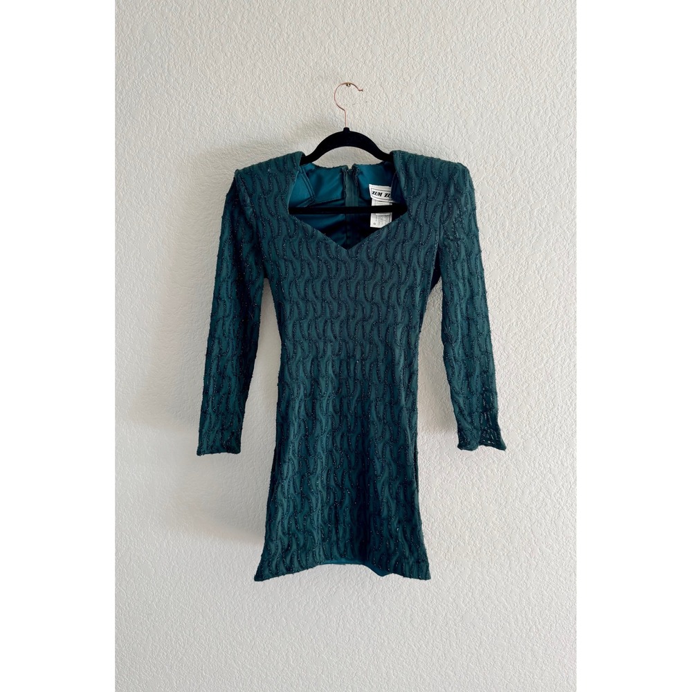 Zum Zum Mini Dress Womens 5-6 Teal Vintage 80s Glitter Mesh Shoulder Pads USA